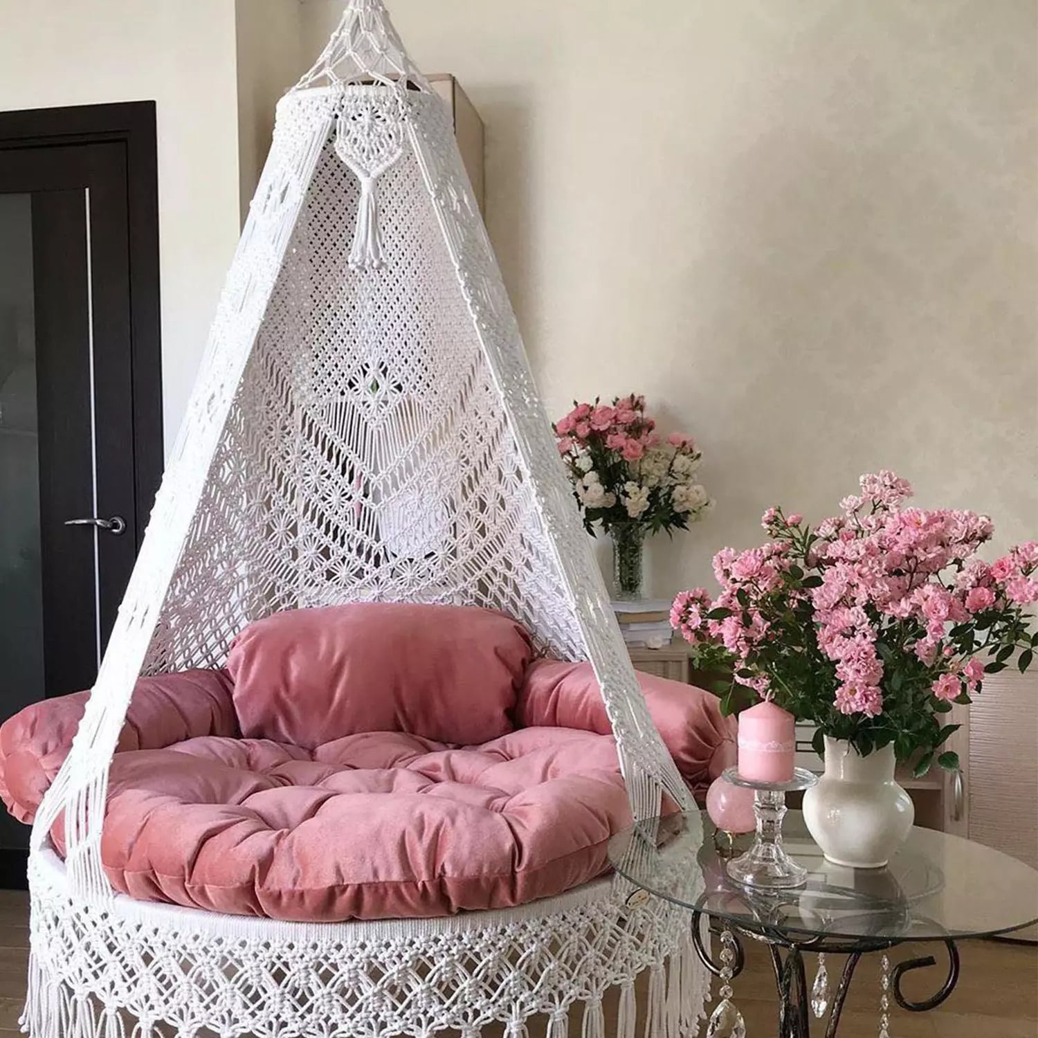 MACRAME SWING/ SWING FOR ADULTS/ PREMIUM SWING WITH MACRAME FLORAL DESIGN/ JHULA POLYESTER LARGE SWING (WHITE PINK DIY(DO-IT-YOURSELF))