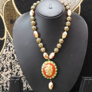 IMITATION KUNDAN MEENA RED & GREEN GANESH NECKLACE & EARNINGS / ARTIFICIAL KUNDAN MEENA JEWELLERY RED & GREEN GANESH LOCKET & EARNINGS