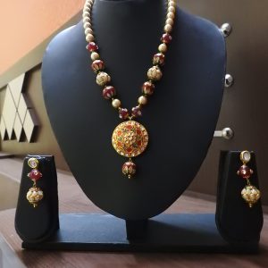 IMITATION KUNDAN MEENA RED & GREEN ROUND NECKLACE & EARNINGS / ARTIFICIAL KUNDAN MEENA JEWELLERY RED & GREEN NEKLACE & EARNINGS