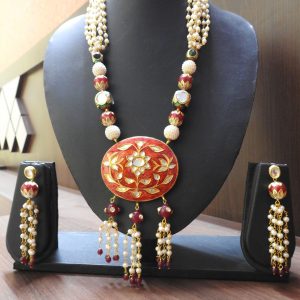 IMITATION KUNDAN MEENA RED NECKLACE & EARINGS / ARTIFICIAL KUNDAN MEENA JEWELLERY RED NEKLACE & EARINGS