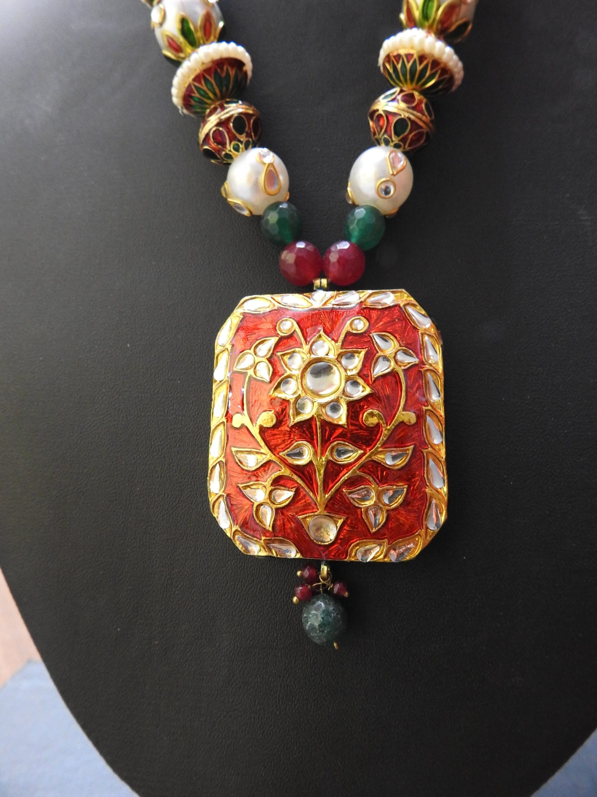 IMITATION KUNDAN MEENA RED NECKLACE / ARTIFICIAL KUNDAN MEENA JEWELLERY RED NEKLACE