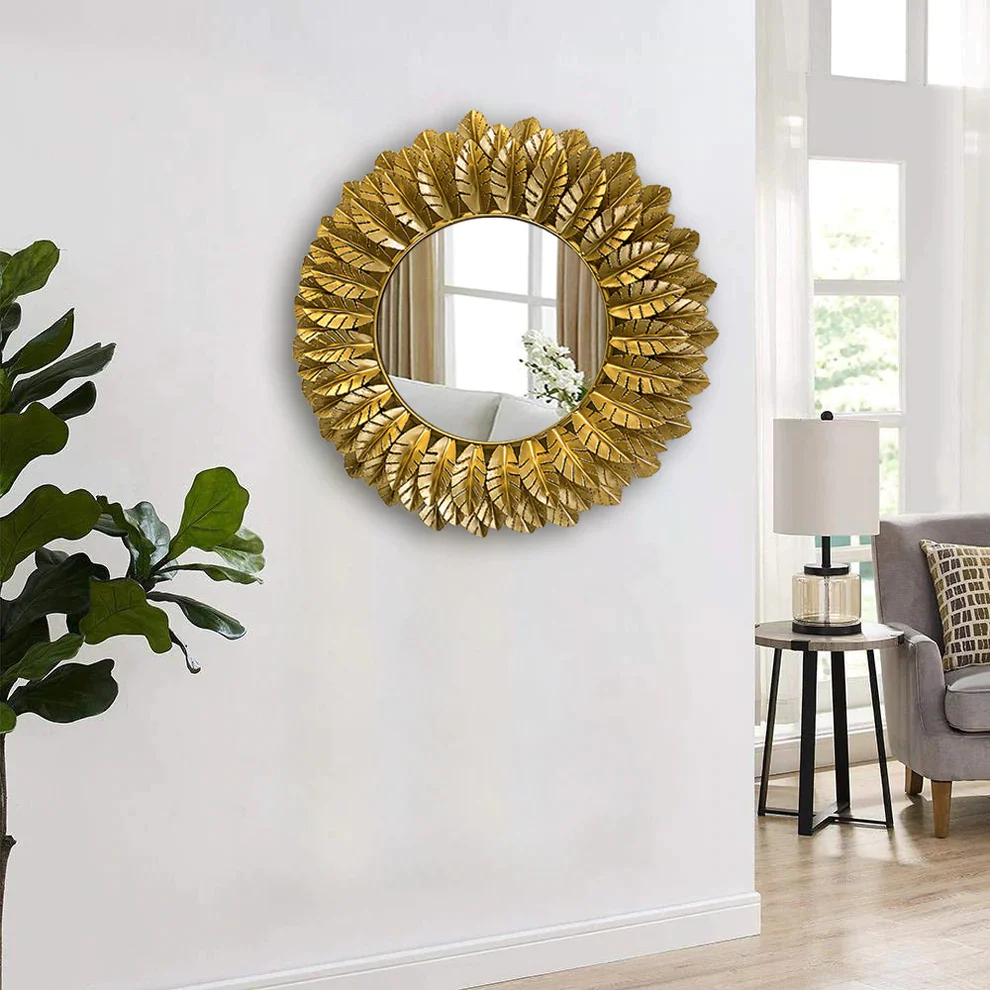 Handicrafts Decorative Mirror Round Gold Leaf Design